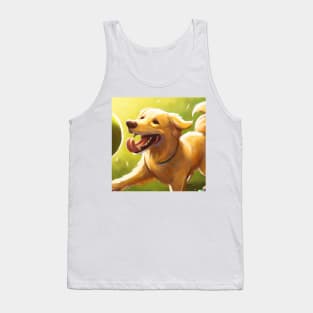 Golden retriever playing with ball happily and energetically on a playing field Tank Top